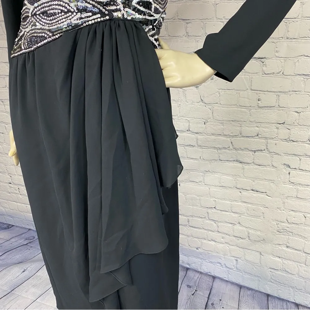 Vintage 80s Jack Bryan Black Chiffon Beaded Cocktail Party Dress M - Image 4