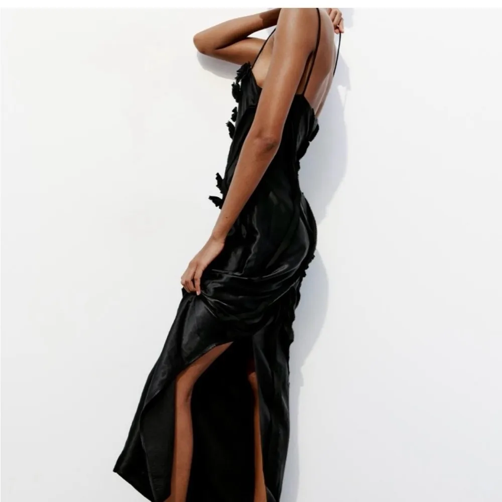 Zara NWOT black satin maxi / midi dress with 3d flower appliqué & mesh detail - Image 6
