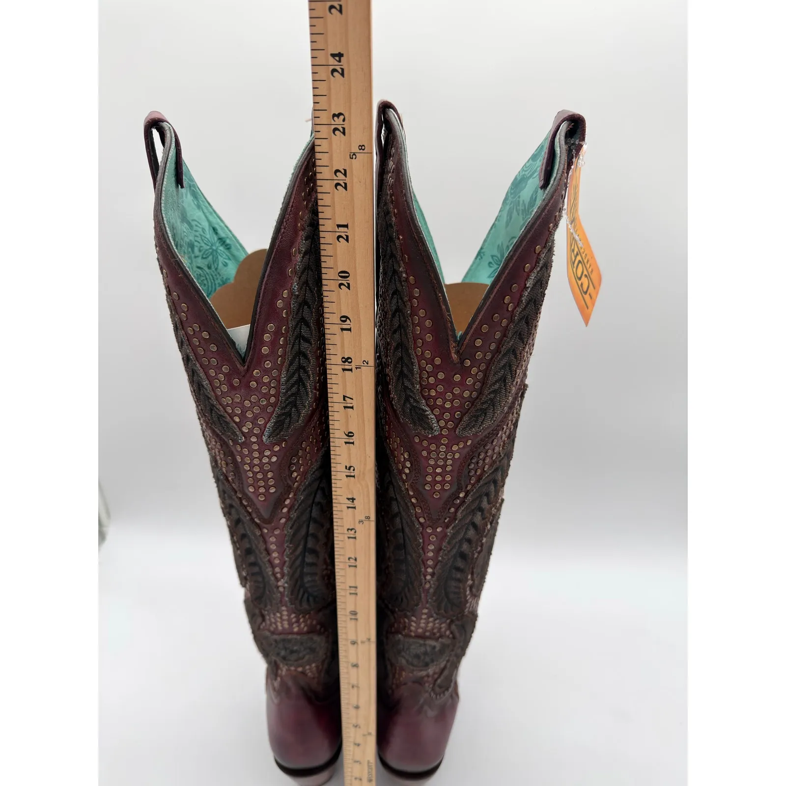 Corral Western Dark Pink Maroon Artisan Denim Embroidery OTK Stud Boot A4703 8 - Image 5