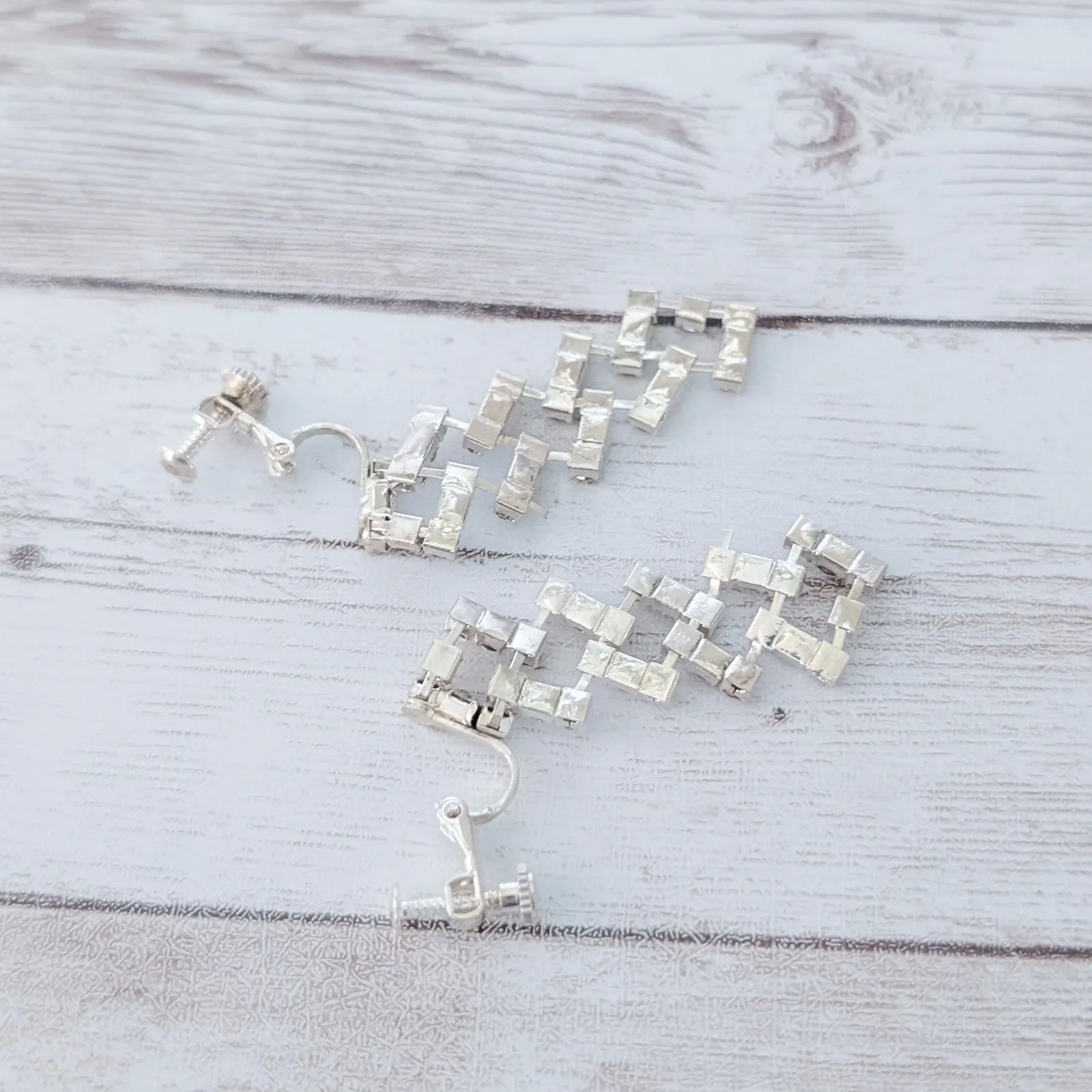 Vintage Clip On Earrings Long Clear Gem Dangle - Image 2