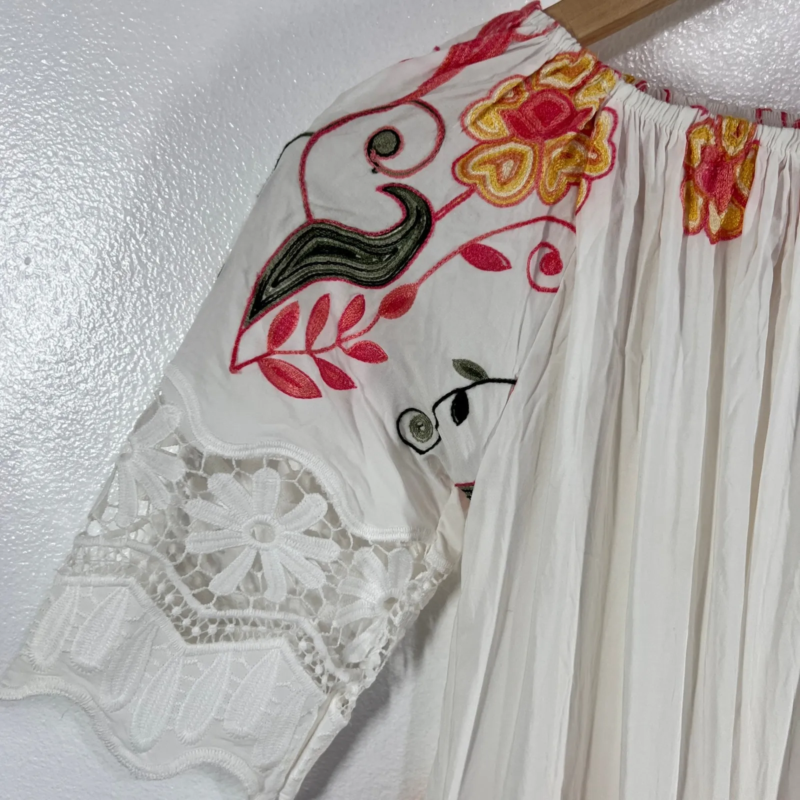 Gael Collection‎ Embroidered Floral Peasant Dress Lace Trim Bohemian Unitalla White Size M - Image 6