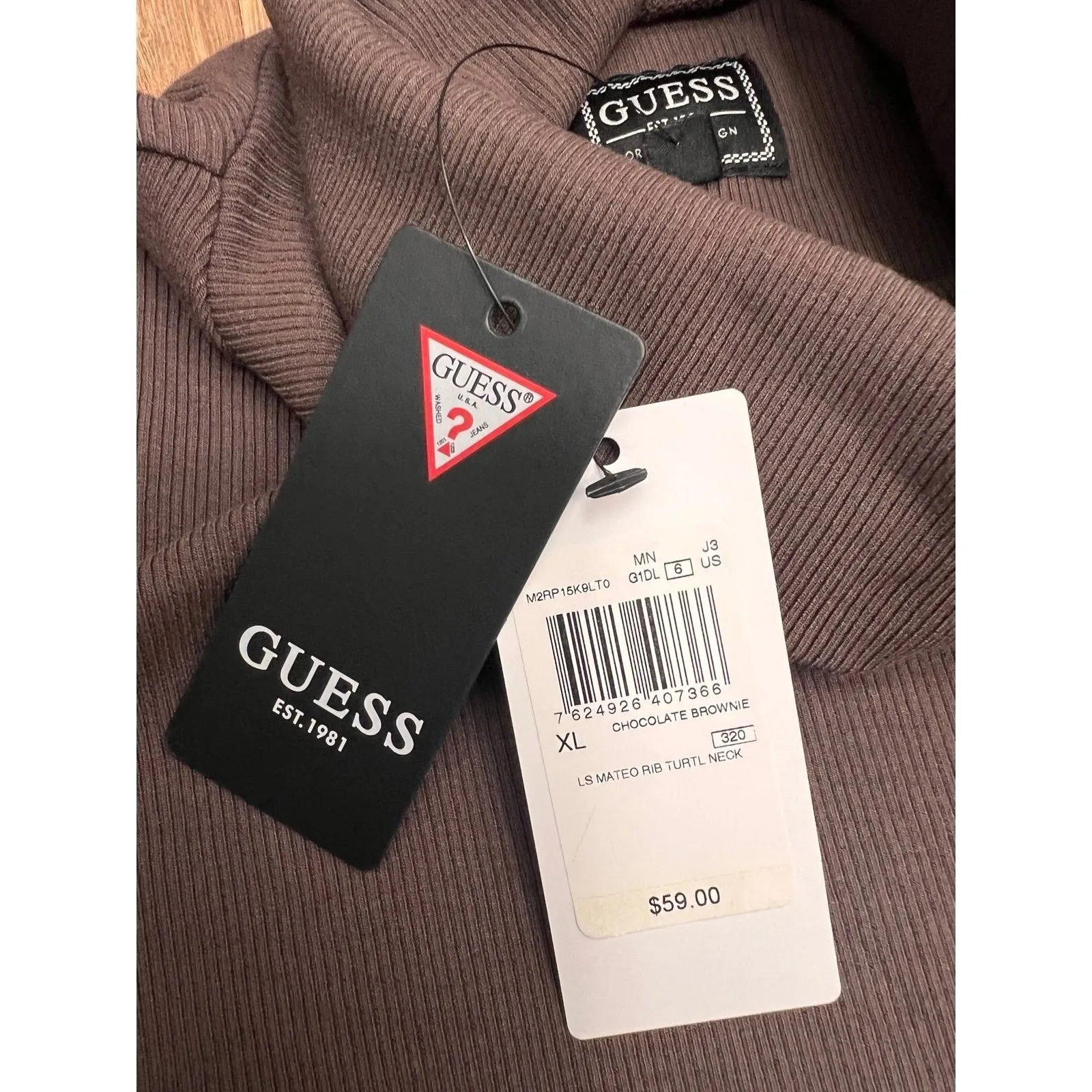 Guess Ribbed Turtleneck Long Sleeve Chocolate Brownie‎ XL Slim Fit NWT - Image 4