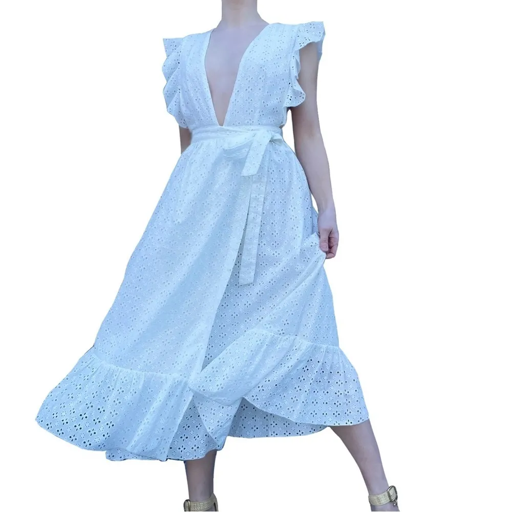 Majorelle by Revolve Plunge Neck Flutter Sleeve White Eyelet Maxi Wrap Dress S - Image 2