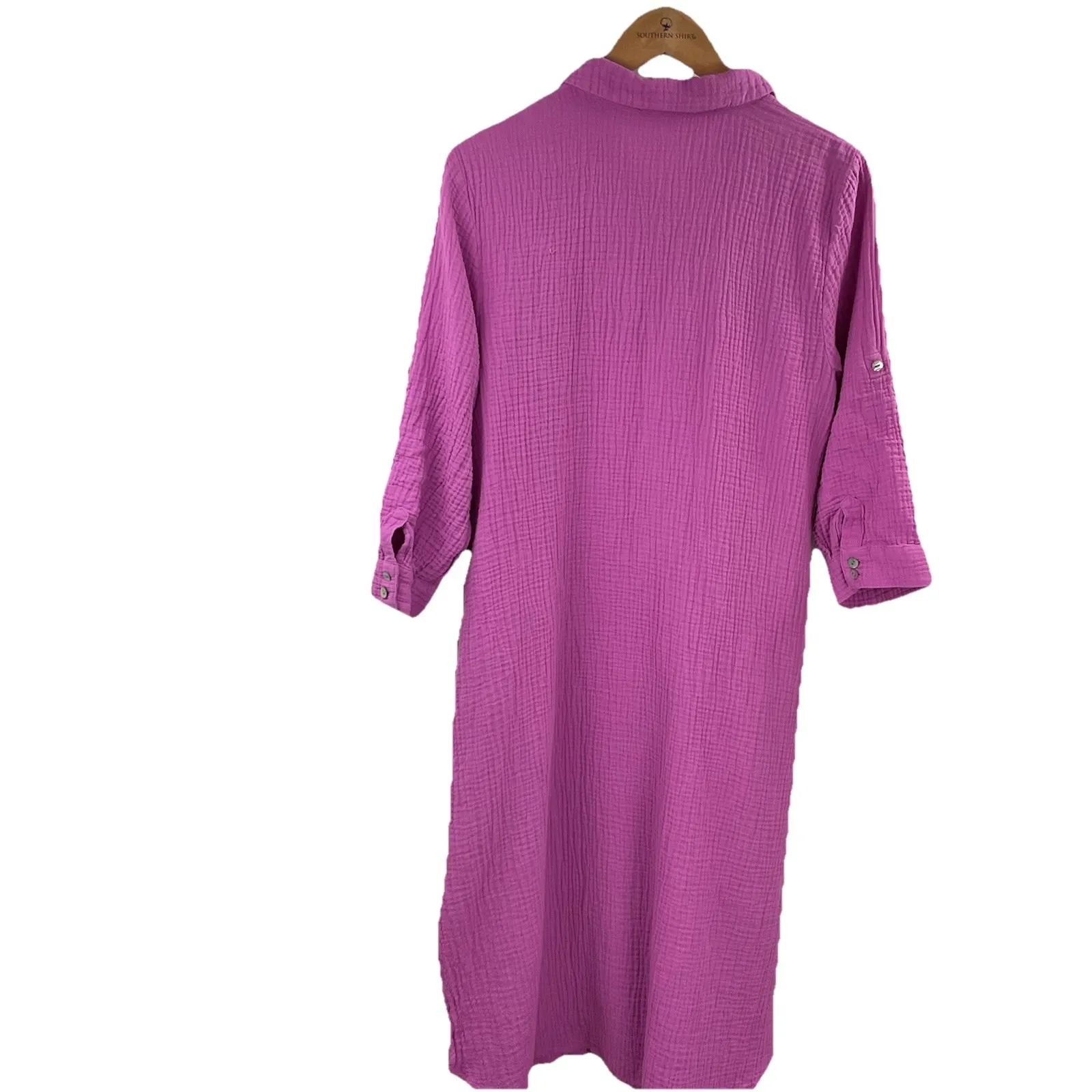 J. Jill Orchid Gauze Shirt Dress Style Midi 3/4 Roll Tab Sleeve Cotton Sz. MP Purple - Image 5
