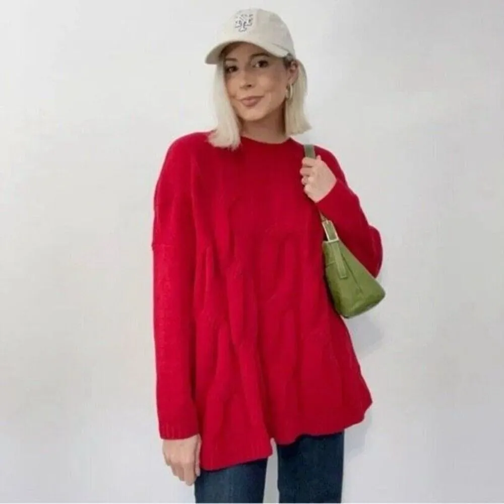 J. Jill Chenille Cable Knit Apple Red Soft Sweater Large basketweave‎ pattern - Image 2