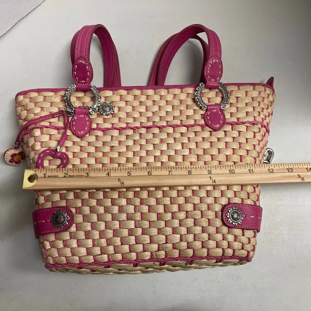 BRIGHTON‎ Tan & Pink Basketweave Handbag Satchel Purse 15X3.75X10 - Image 5