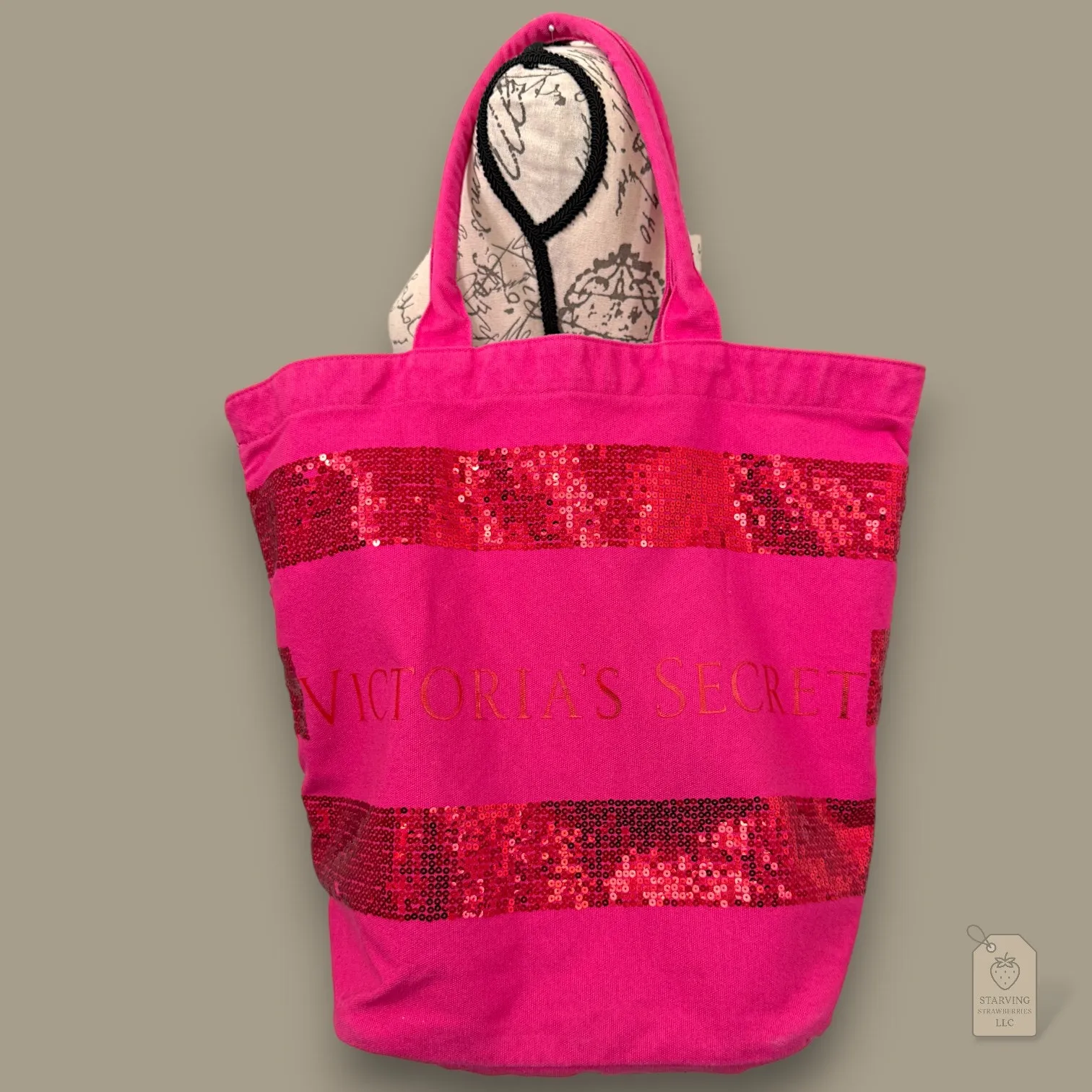 Victoria’s Secret Large Hot Pink Canvas Tote Bag Red Sequin Stripe Shopper 2011 - Image 2