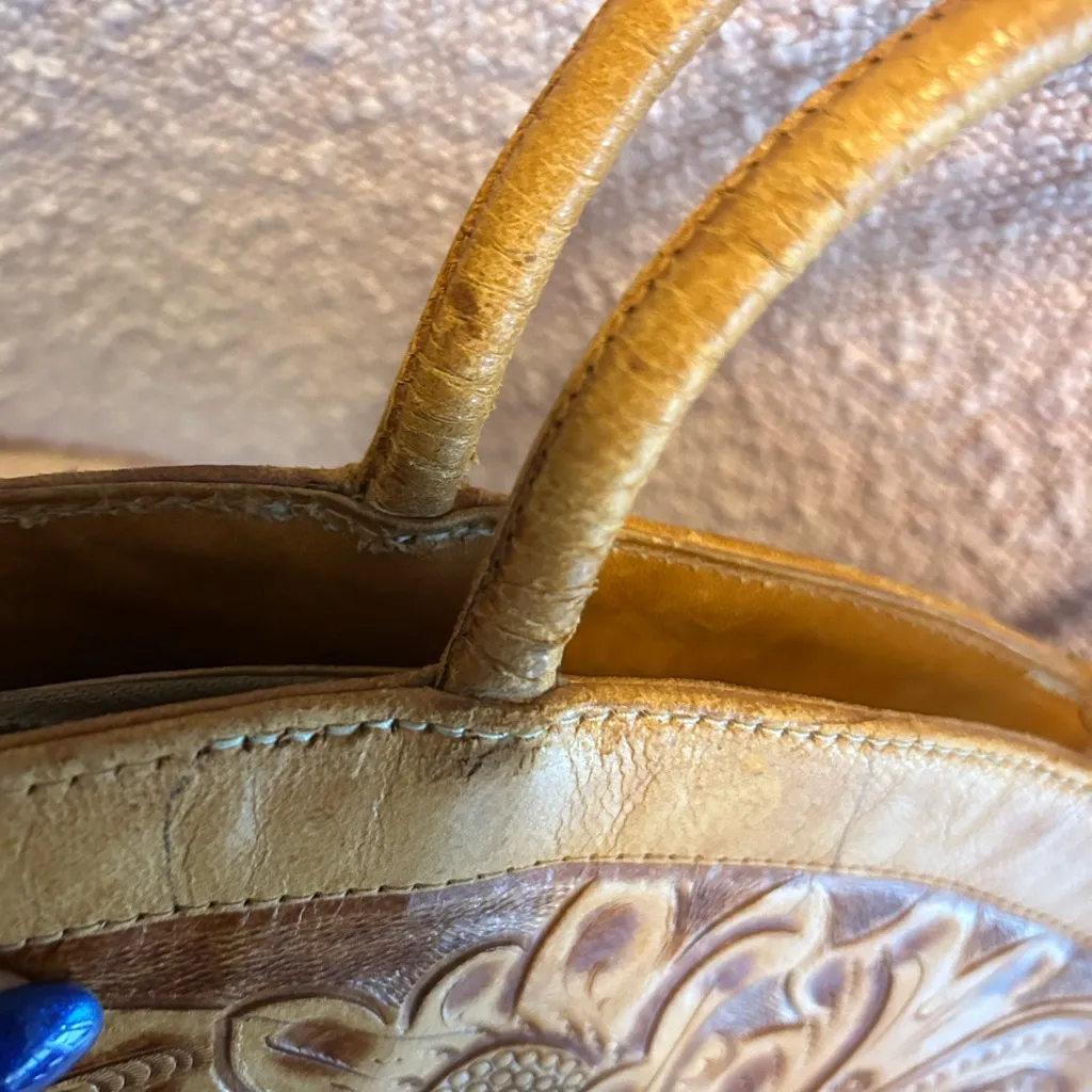 Vintage Hand Carved Leather Handbag by Gaitan in Mexico Tan - Image 9