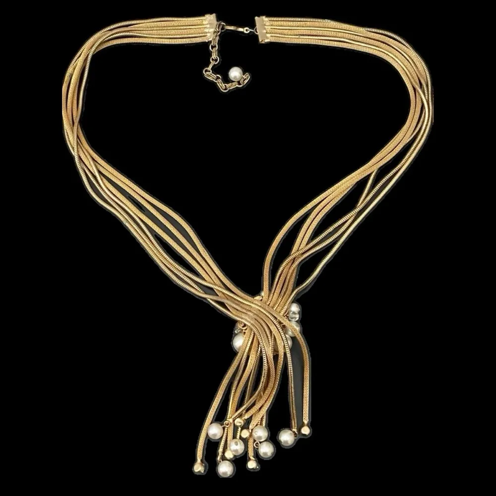 Vintage Unsigned Vendome Multistrand Faux Pearl Gold Mesh Chain Tassel Necklace - Image 3