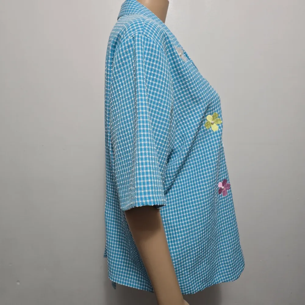 Vintage BonWorth Turquiose Floral Embroidered Gingham Shirt – Size Large Blue - Image 4