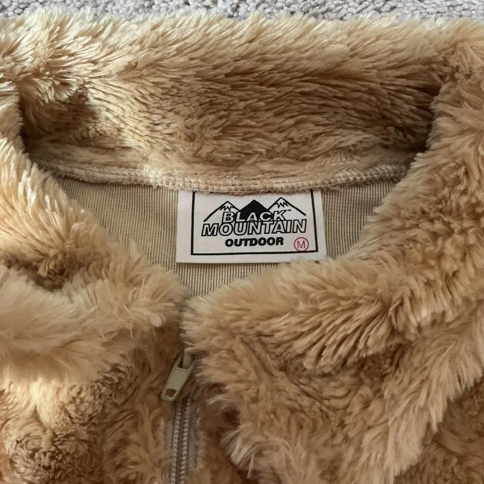Black Mountain Outdoor Fuzzy Fleece Jacket Coat Beige Tan Zipper Size M Gold Size M - Image 5