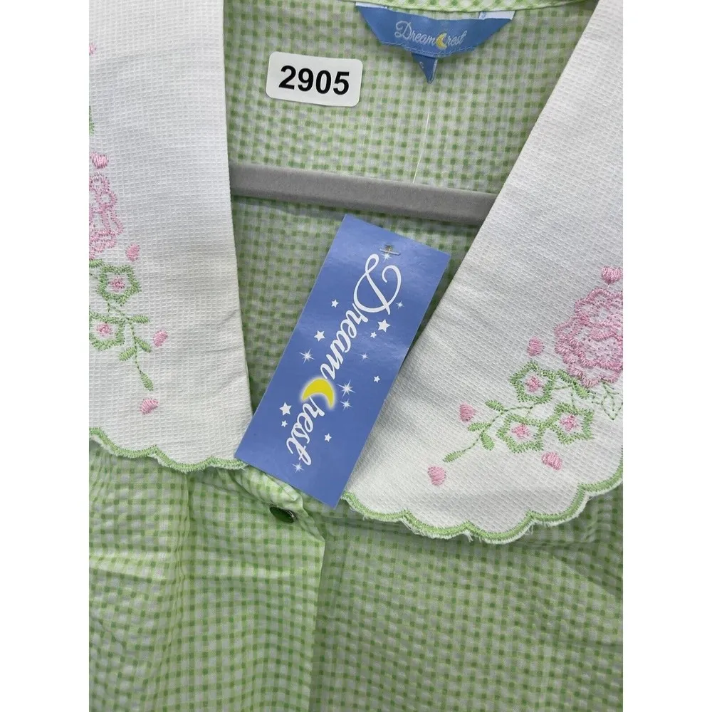 Dream Rest Women's Vintage Dress Button Down Short Sleeve Gingham Green Sleep - Image 10