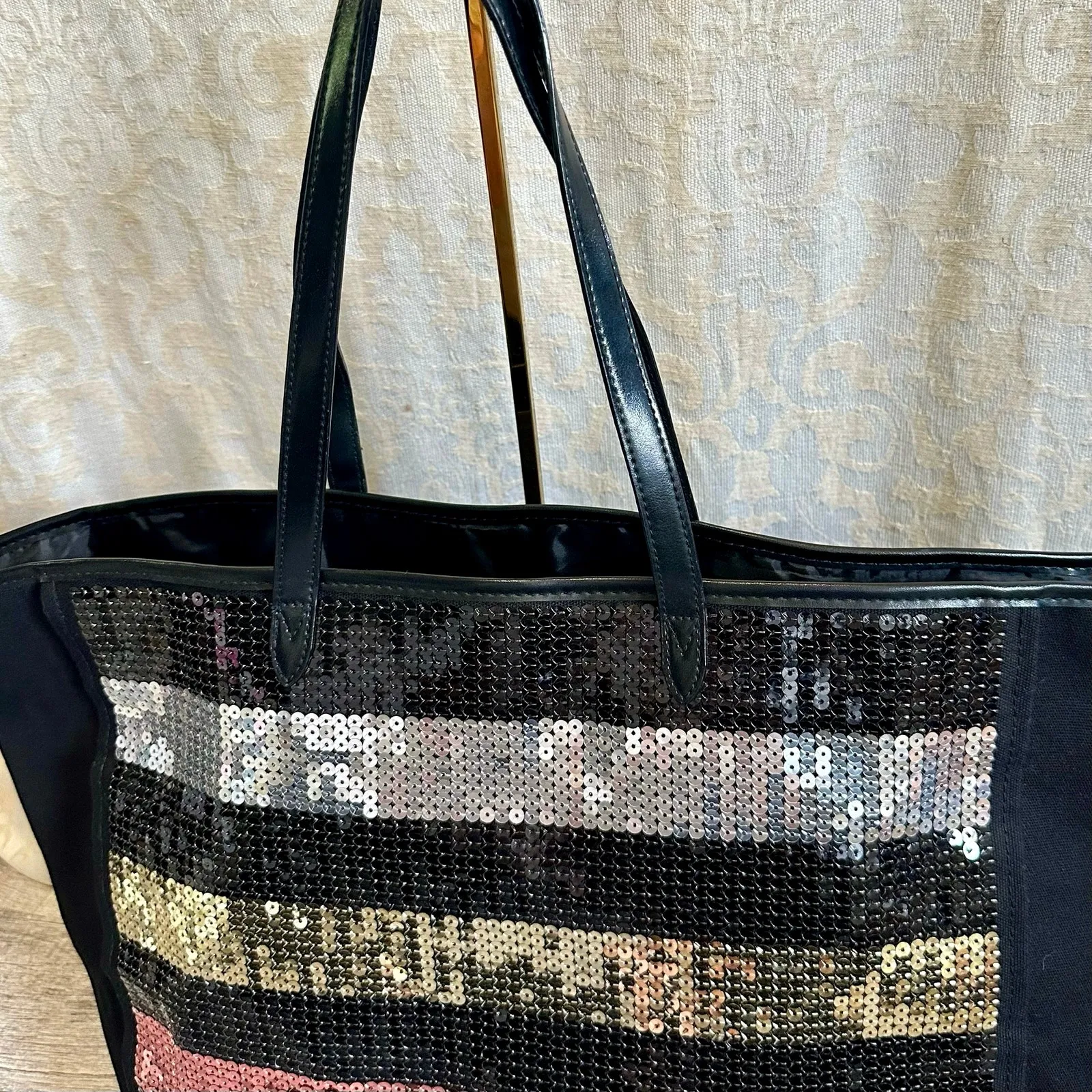 Victorias Secret Metallic Sequin Striped Large Black Tote Gold Red Silver Bag - Image 2