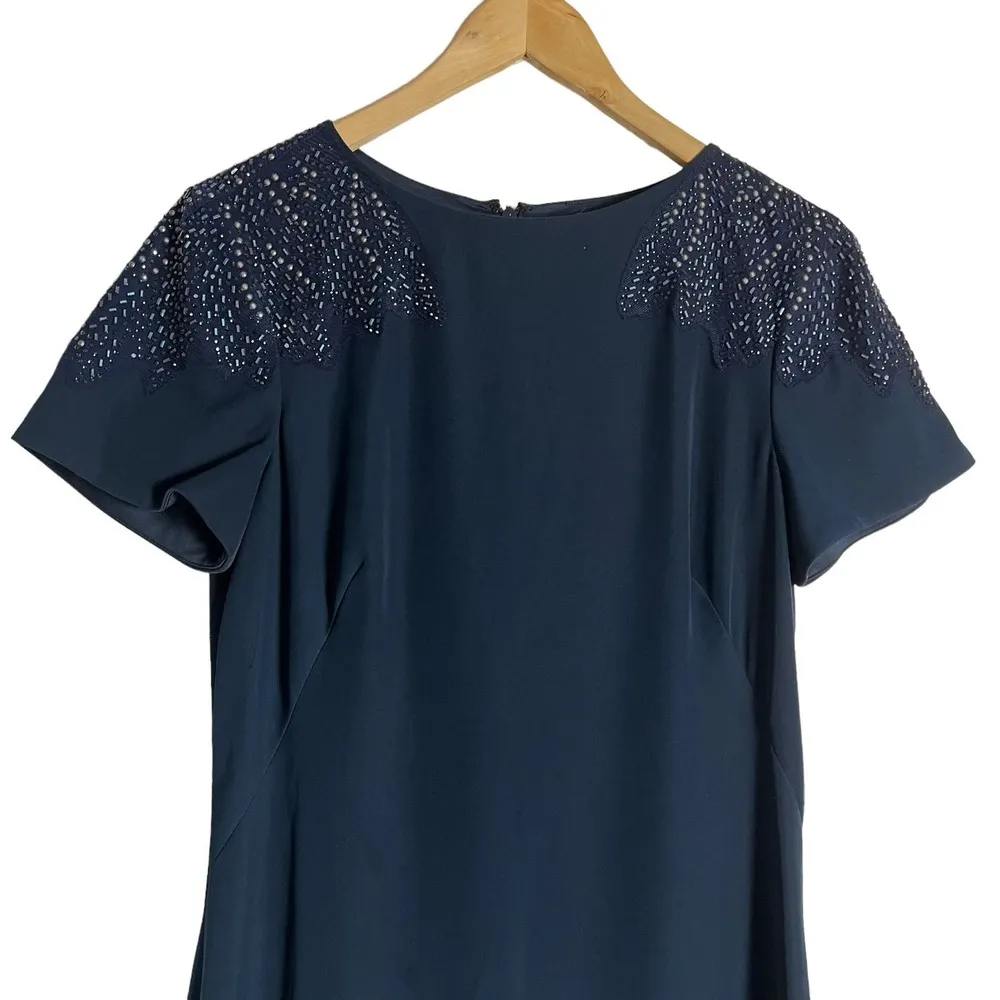 Tadashi Shoji Deep Sea Wren Navy Blue Beaded Short Sleeve Formal Gown Size 8 - Image 4