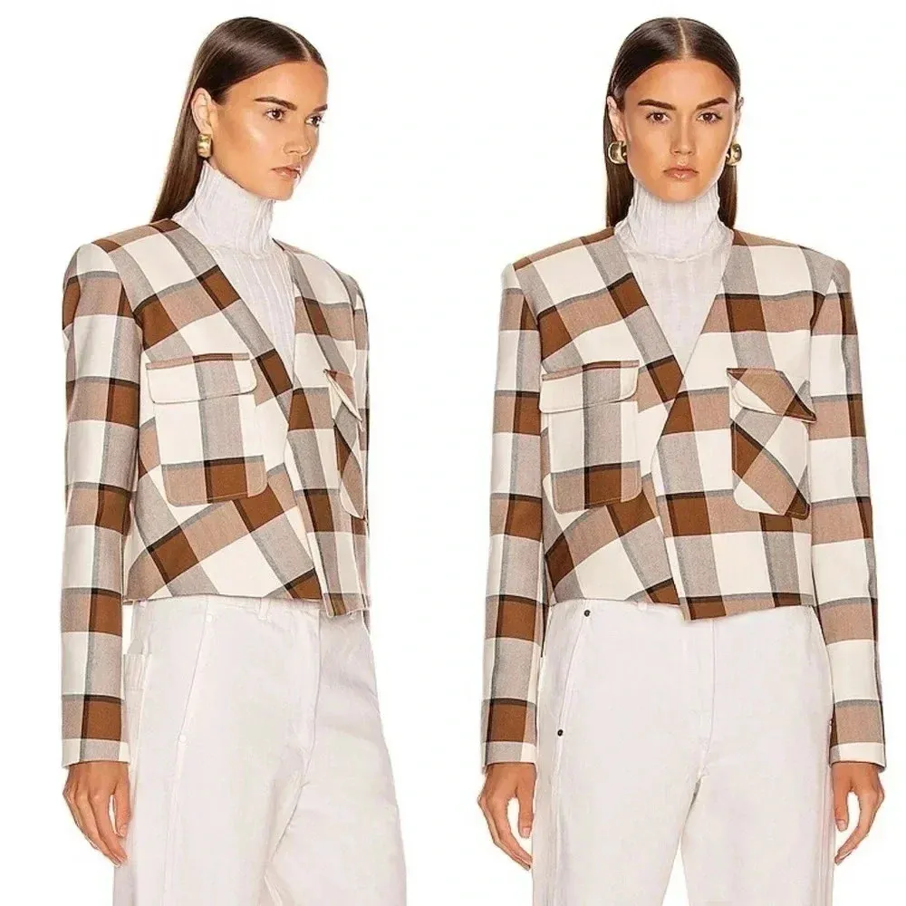 Tibi Dylan Plaid Cream Cropped Jacket Blazer in Ivory Camel Size 12 - Image 8
