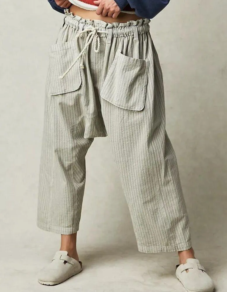 NEW Free People Runyon Oversized Stripe Pant Paperbag Tie Waist Small Blue Harem - Image 10