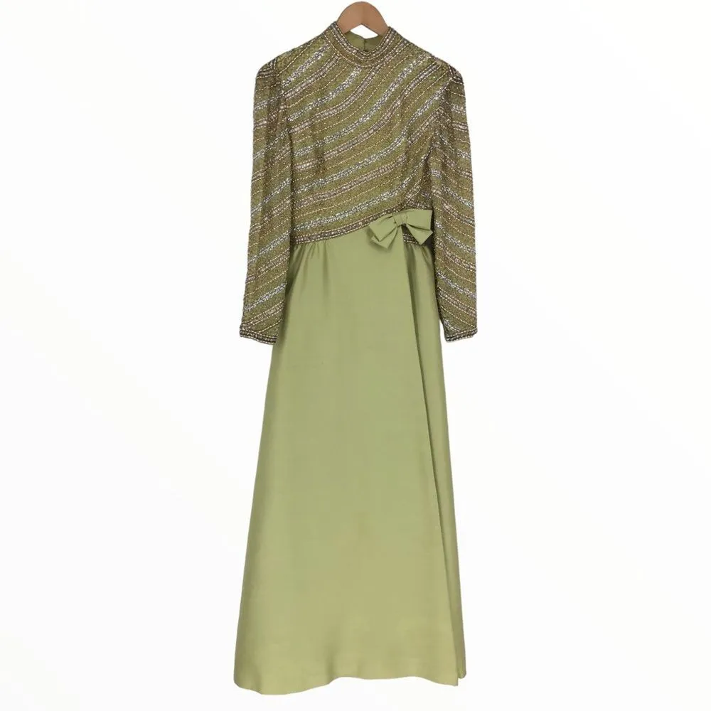 60’s Vintage Victoria Royal Avocado Green Beaded Bodice Gown with Bow - Image 2