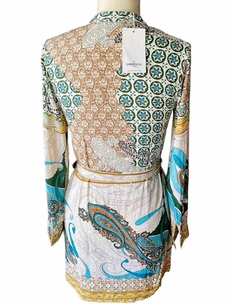 NWT ~ GRIFFLIN Paris Boho Blouse Shirt Bohemian Print Dress ~ Women's Size SMALL - Image 2