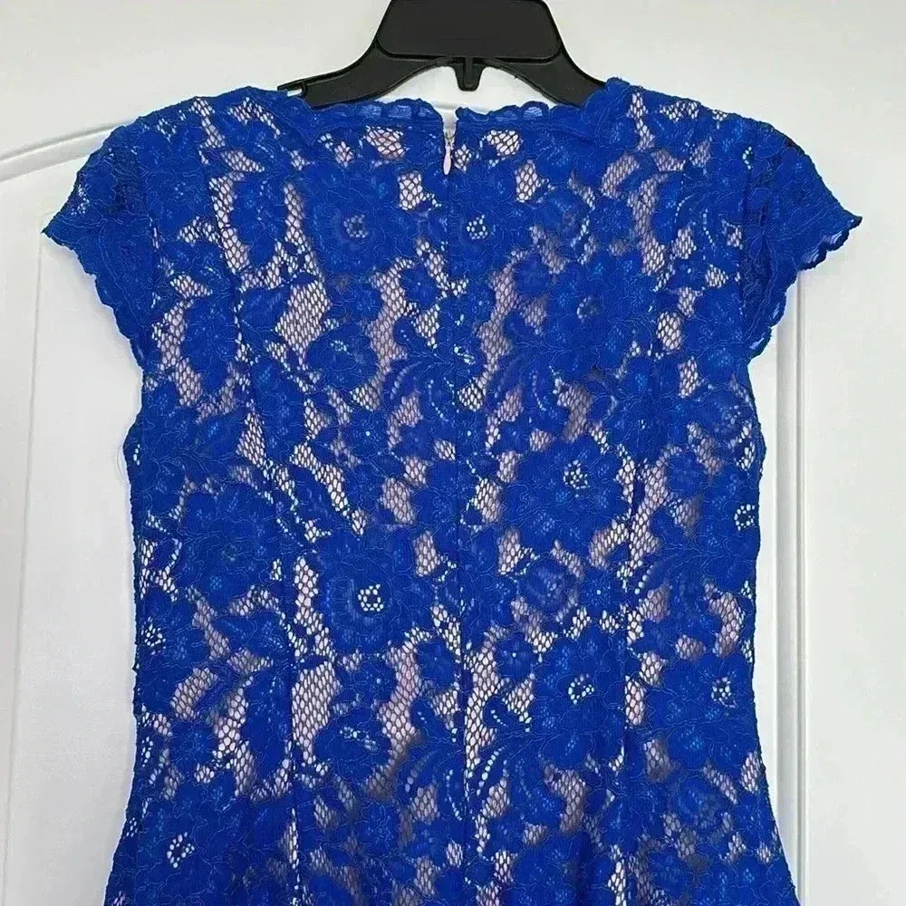 Eliza J Lace Overlay Fit and Flare Short Sleeve V Neck Dress Blue Sz 4 - Image 7