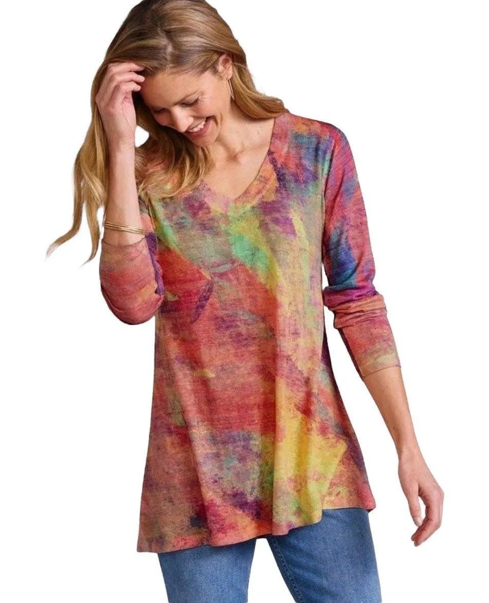 Soft Surroundings Plein de Couleurs Abstract Knit Top L Boho Watercolor Sweater - Image 1