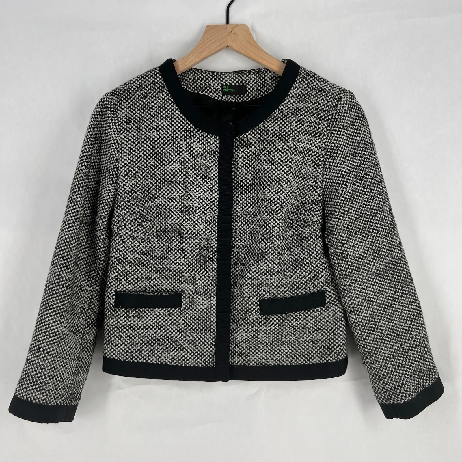 Stile Benetton Blazer Womens S Black White Tweed Casual Office Work Snap Front - Image 1