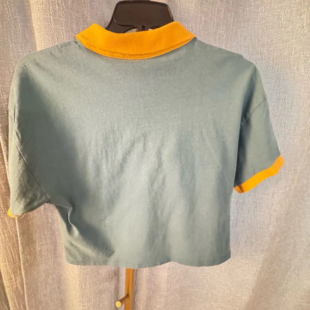 Summer Camp UO Urban Outfitters Cropped Polo with Crochet Peace Badge Size large - Image 9