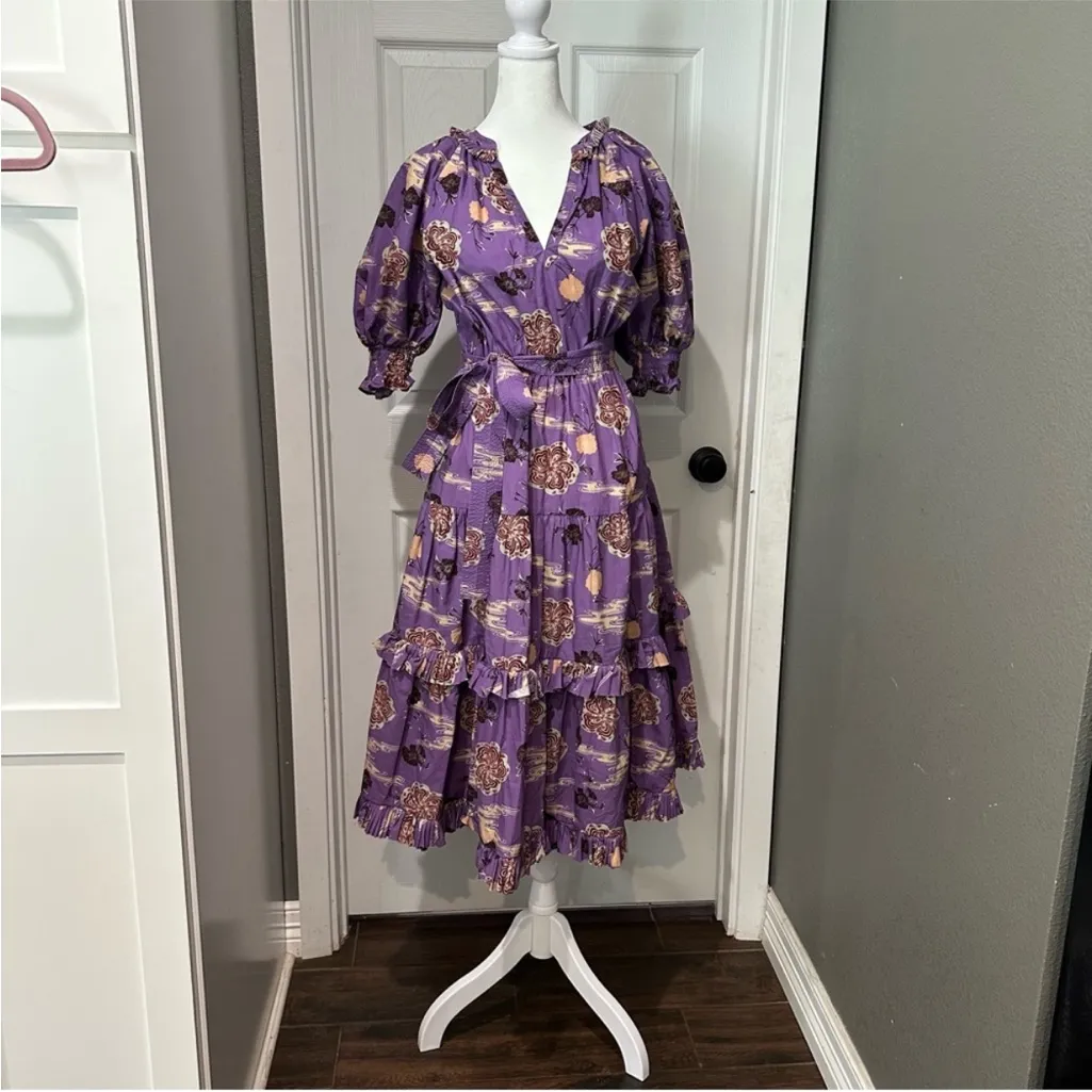 NWOT Ulla Johnson Dasha Popelin Ruffle Tier Purple Zinnia Floral Midi Dress - Image 4