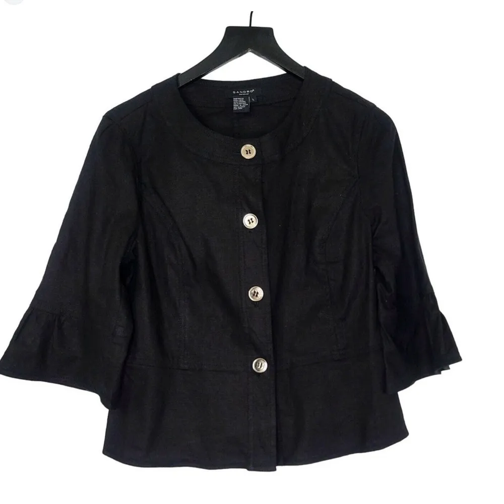Sandro Sportswear Linen Blend Black Bell Sleeve Button Up Peplum size large - Image 2