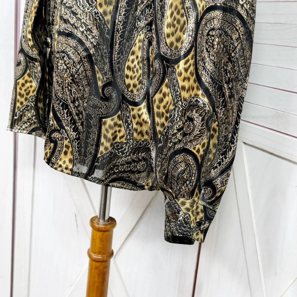 Vintage 80s Tess Paisley Leopard Print Satin Mock Neck Blouse Black Tan Size 8 - Image 6