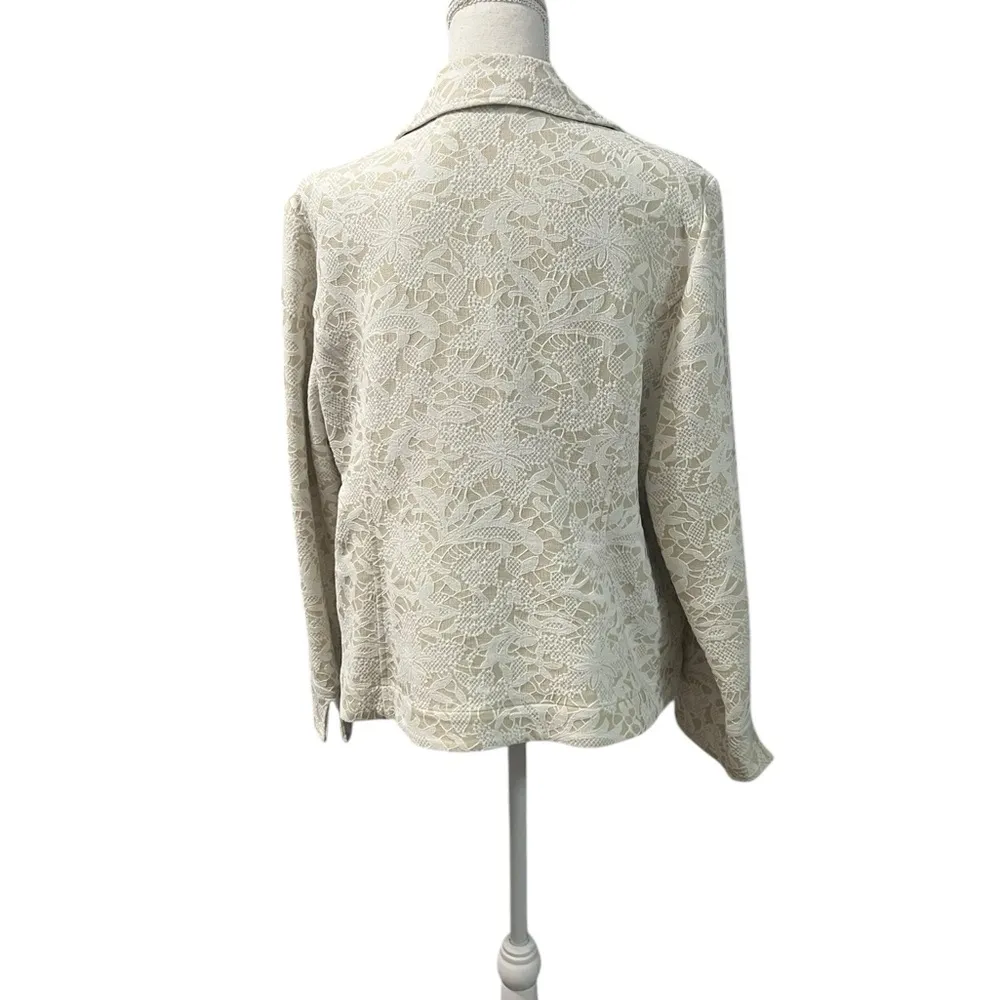 Chico’s Floral Lace Embroidered Beige White Open Front Blazer Cardigan Pockets M - Image 5
