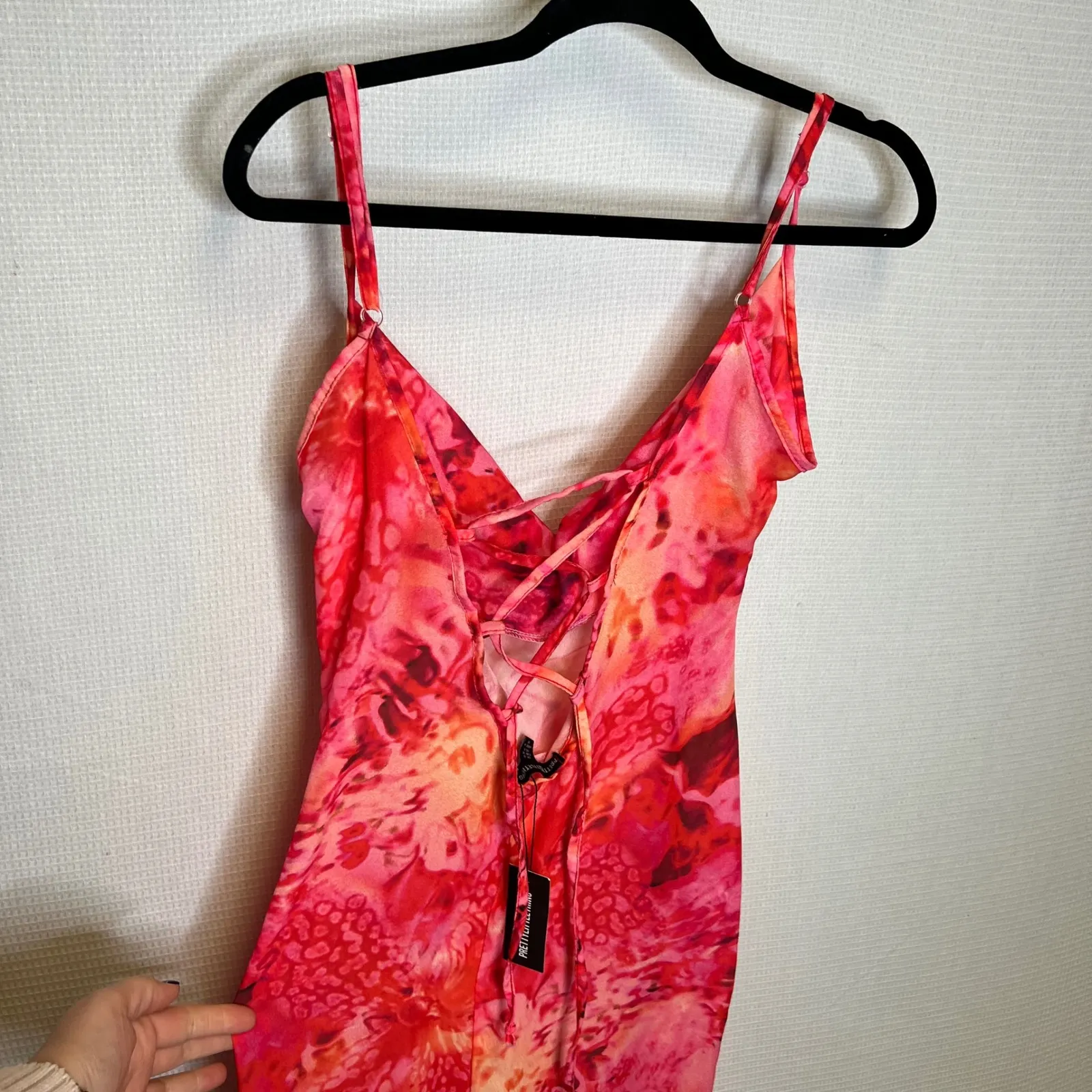 PRETTYLITTLETHING Pink Floral Print Sheer Chiffon Lace Up Back Midi Dress 6 - Image 8