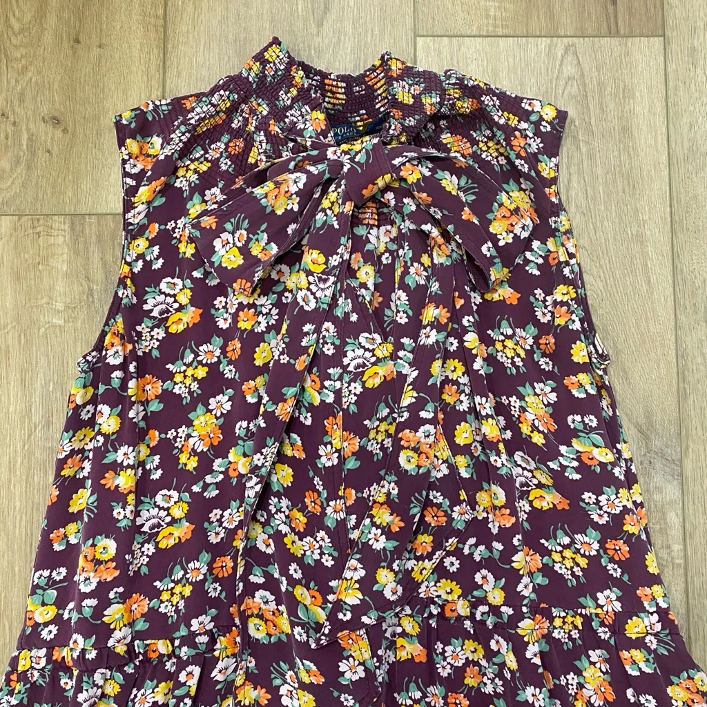 🌟POLO RALPH LAUREN🌟 SILK TIERED FLORAL PRINT TIE NECK MIDI DRESS MAROON SZ M - Image 3