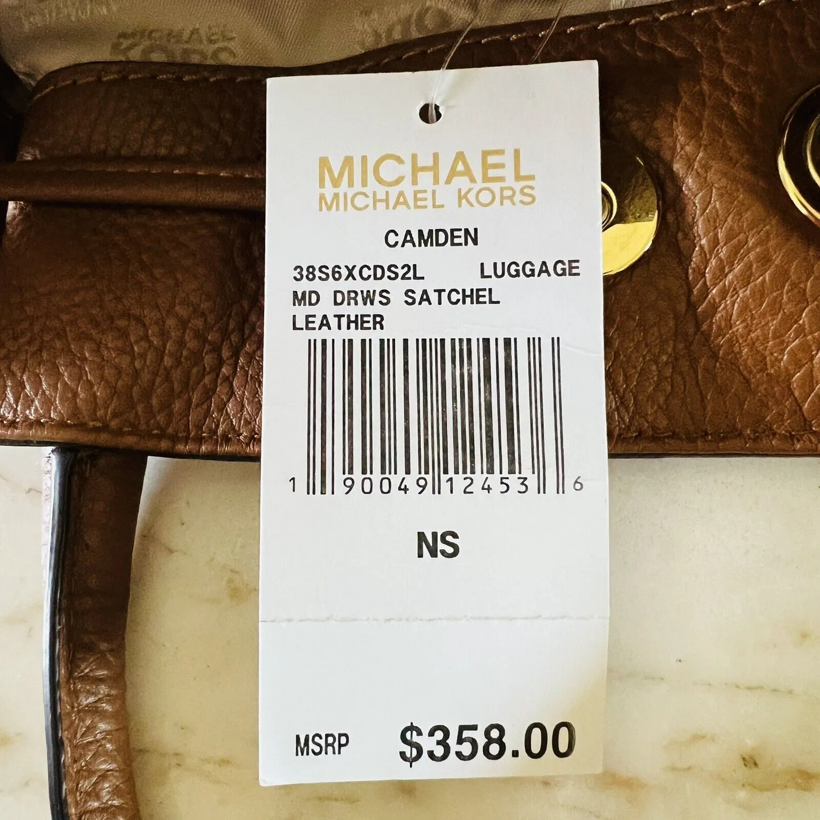 MICHAEL KORS Camden Luggage Brown Leather Medium Drawstring Satchel Shoulder Bag - Image 9