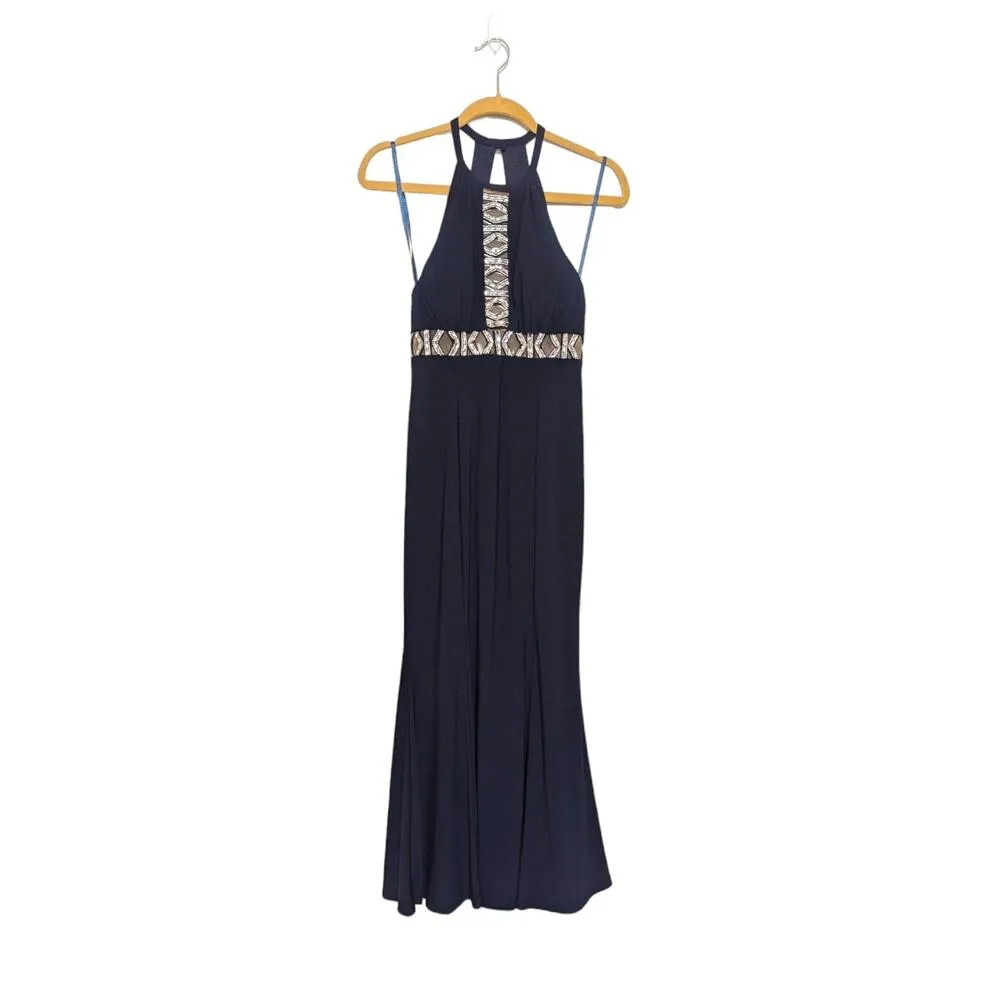 XSCAPE Crystal Embellished Halter Cut Out Dress Navy Blue Womens 8 Prom Formal - Image 2