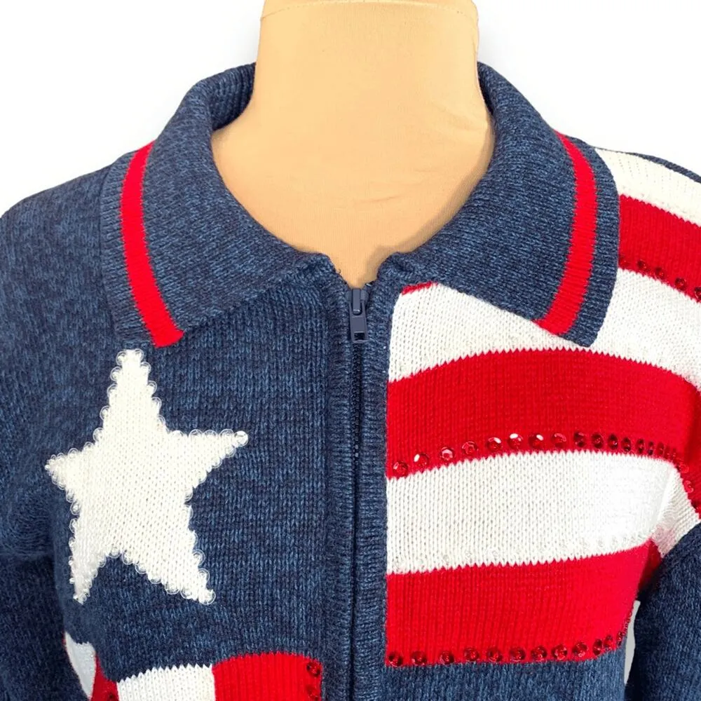 Vintage Y2K Patriotic Zip Cardigan Sweater Large Blue Red Stars Stripes USA Flag - Image 4