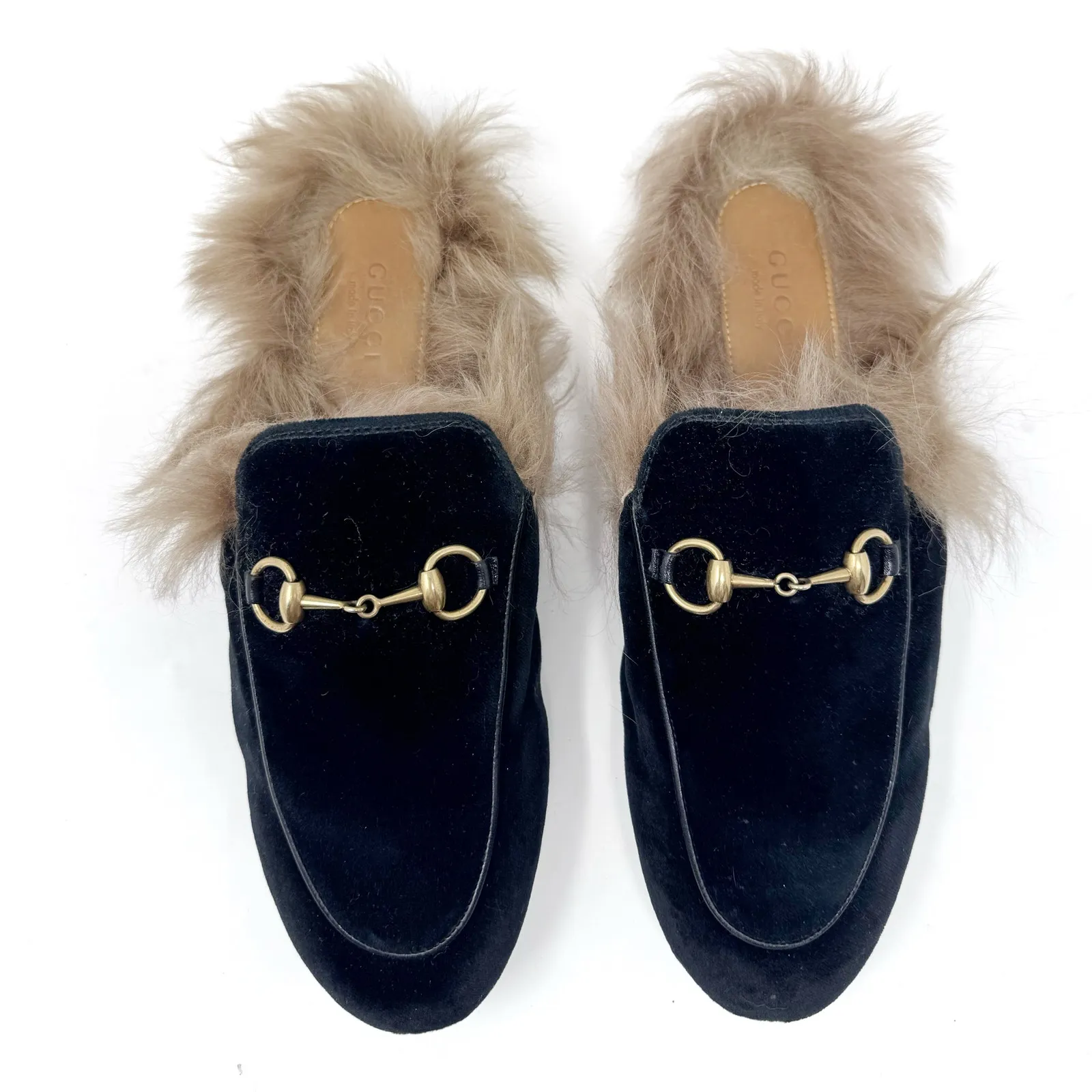 GUCCI Black Velevt Fur Lined Princetown Loafers Mules Horsebit Size EU 37 US 7 - Image 3