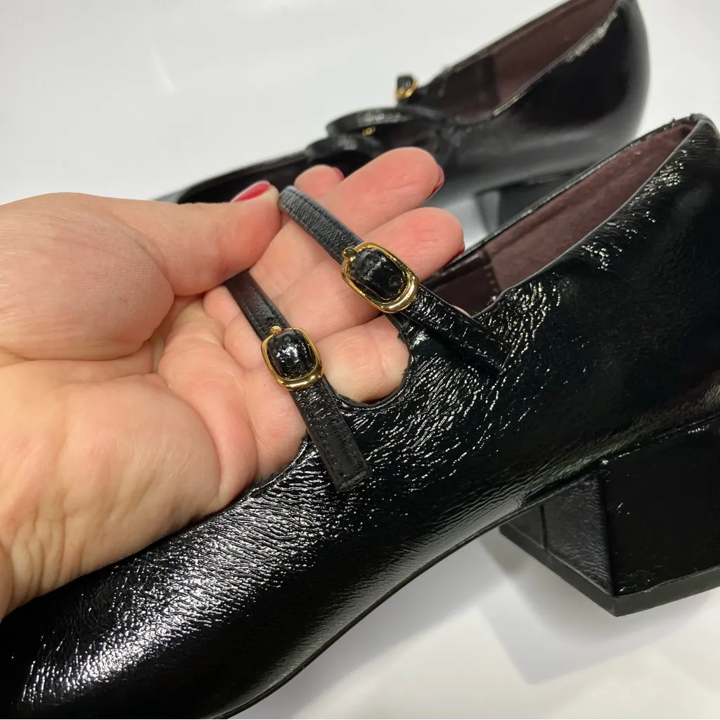 Zara‎ black faux patent leather dress shoes block heels double strap women’s 41 - Image 8