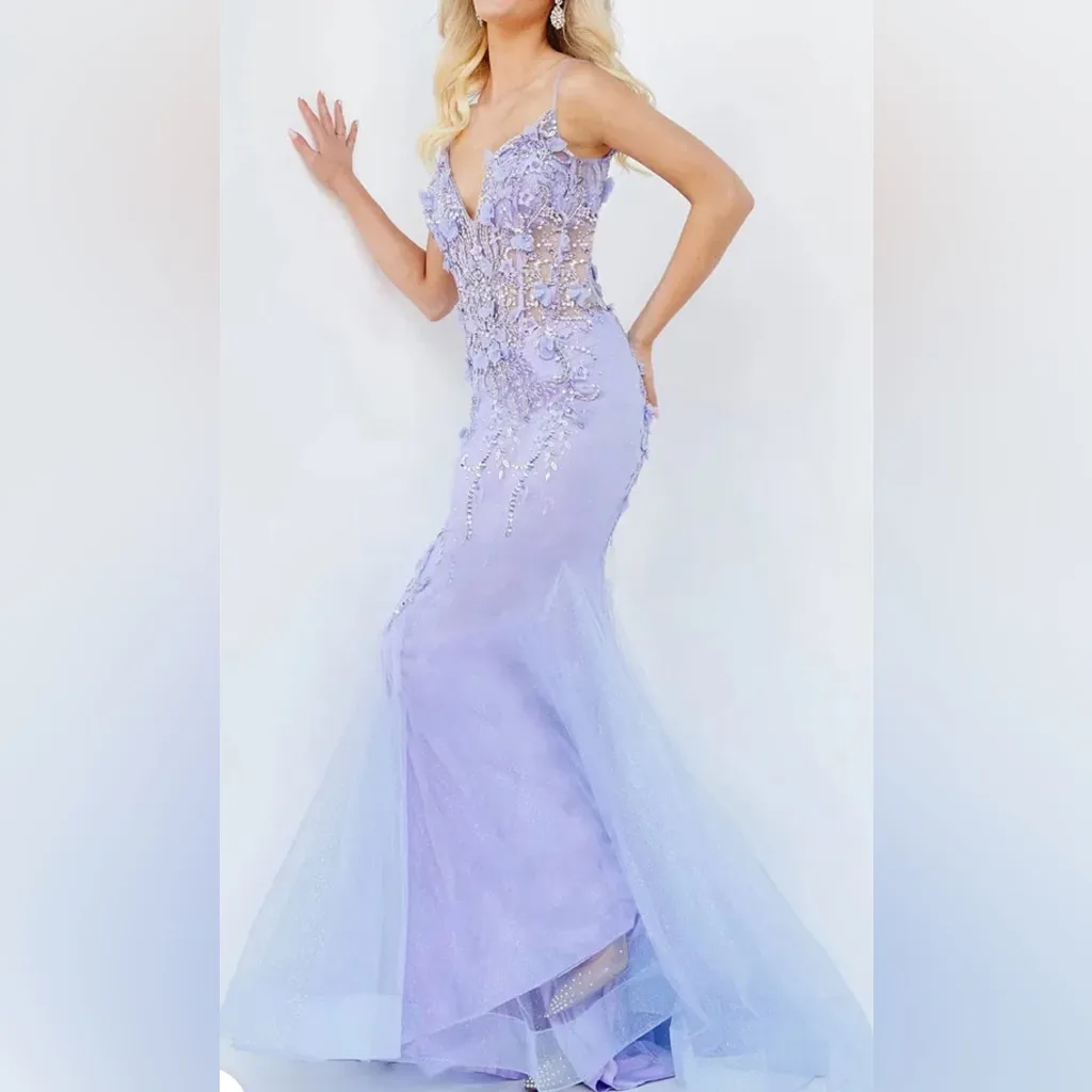 Jovani 05839 Perri Plunging Neck Mermaid Prom Dress Gown size 6 Periwinkle $700 - Image 3