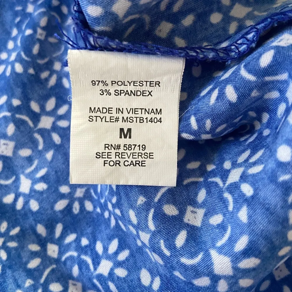 Notations Blue and White Patterned Button Down Blouse Roll Tab Sleeves Size M - Image 4