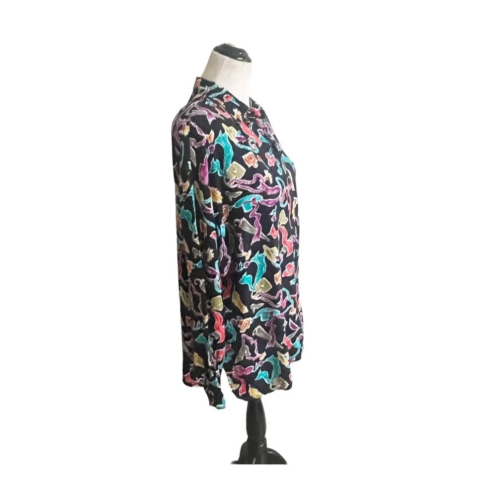 Diane Von Furstenburg Vintage Novelty Hats Feather Button Down Shirt XL Artsy Black - Image 2