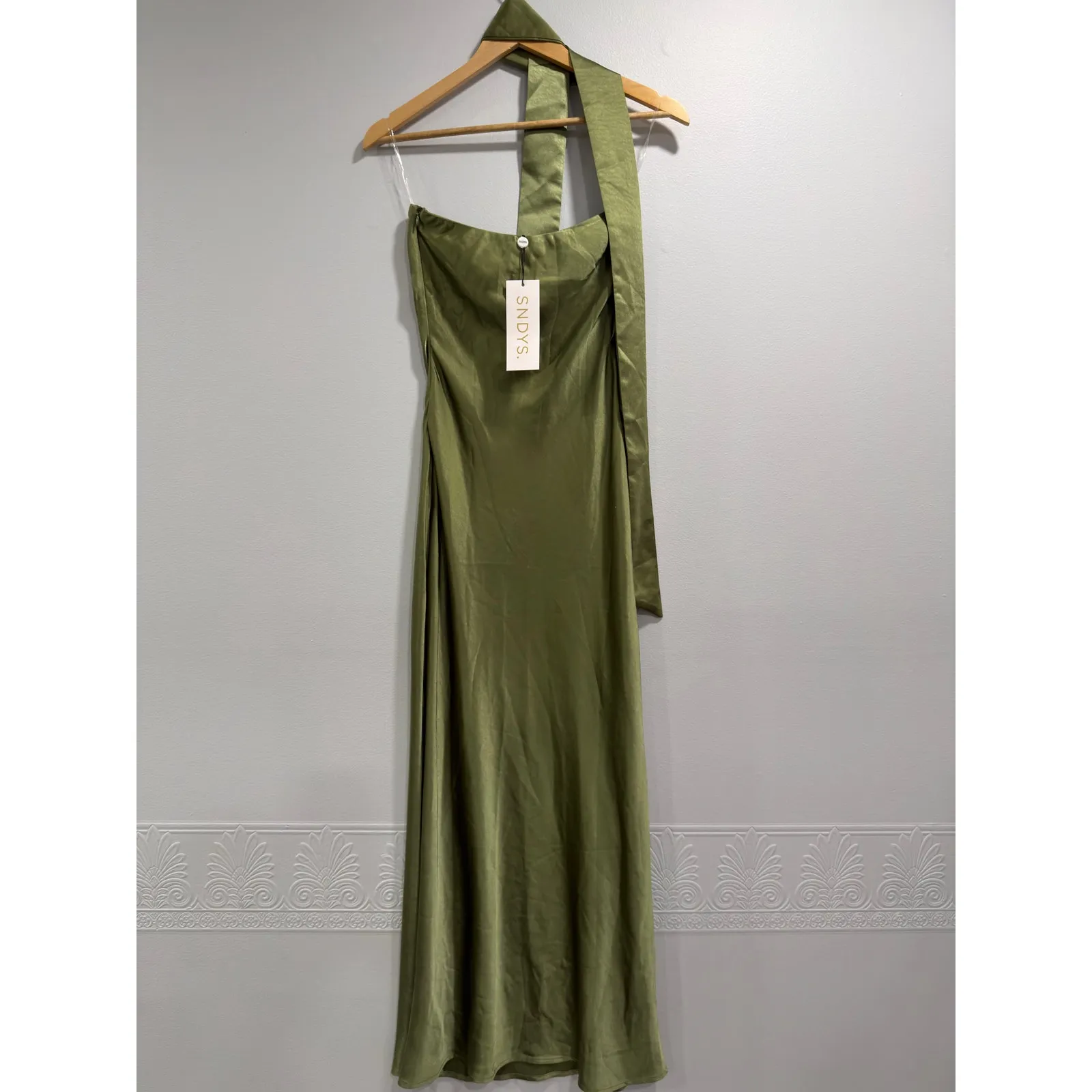 SNDYS Angelina Neck Tie Maxi Dress Old Money Minimalist Olive Elegant Maxi NWT S Green - Image 4