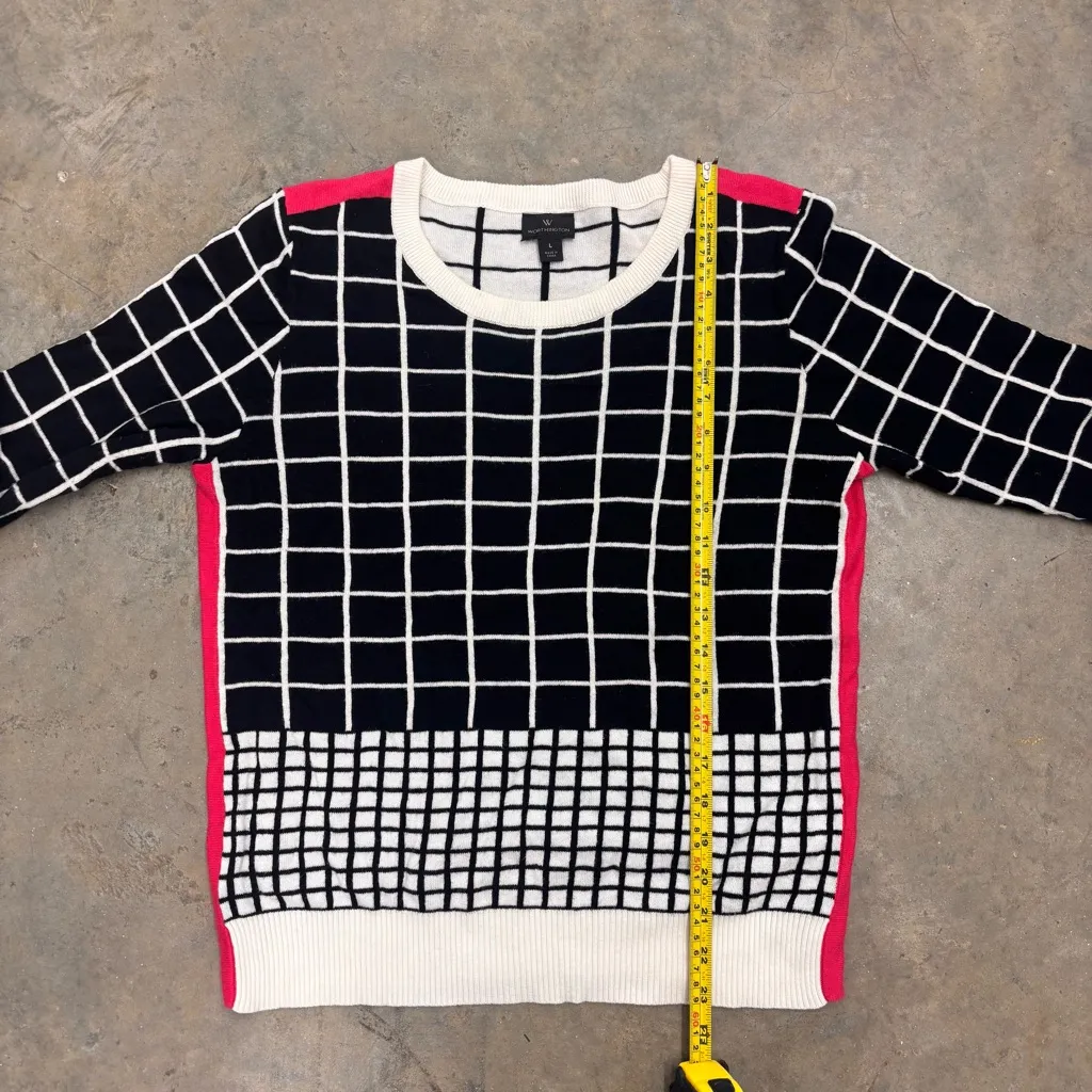 Worthington Sweater Womens Small Black White Square Pink Stripe 3/4 Sleeve - Image 4
