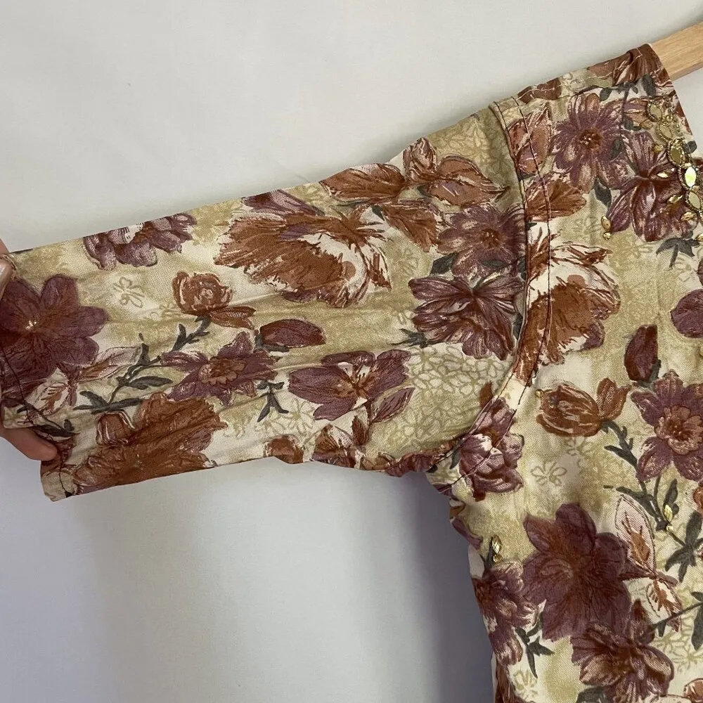 Purple and cream indian floral short sleeved maxi dress full skirt size large - Image 3