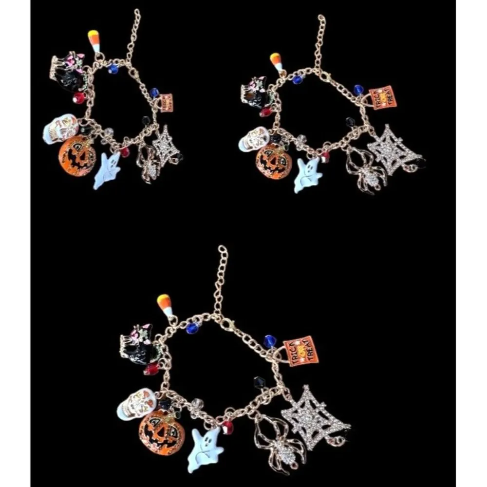 Halloween Charm Bracelet Trick Treat Ghost Black Cat Sugar Skull Spider … - Image 9
