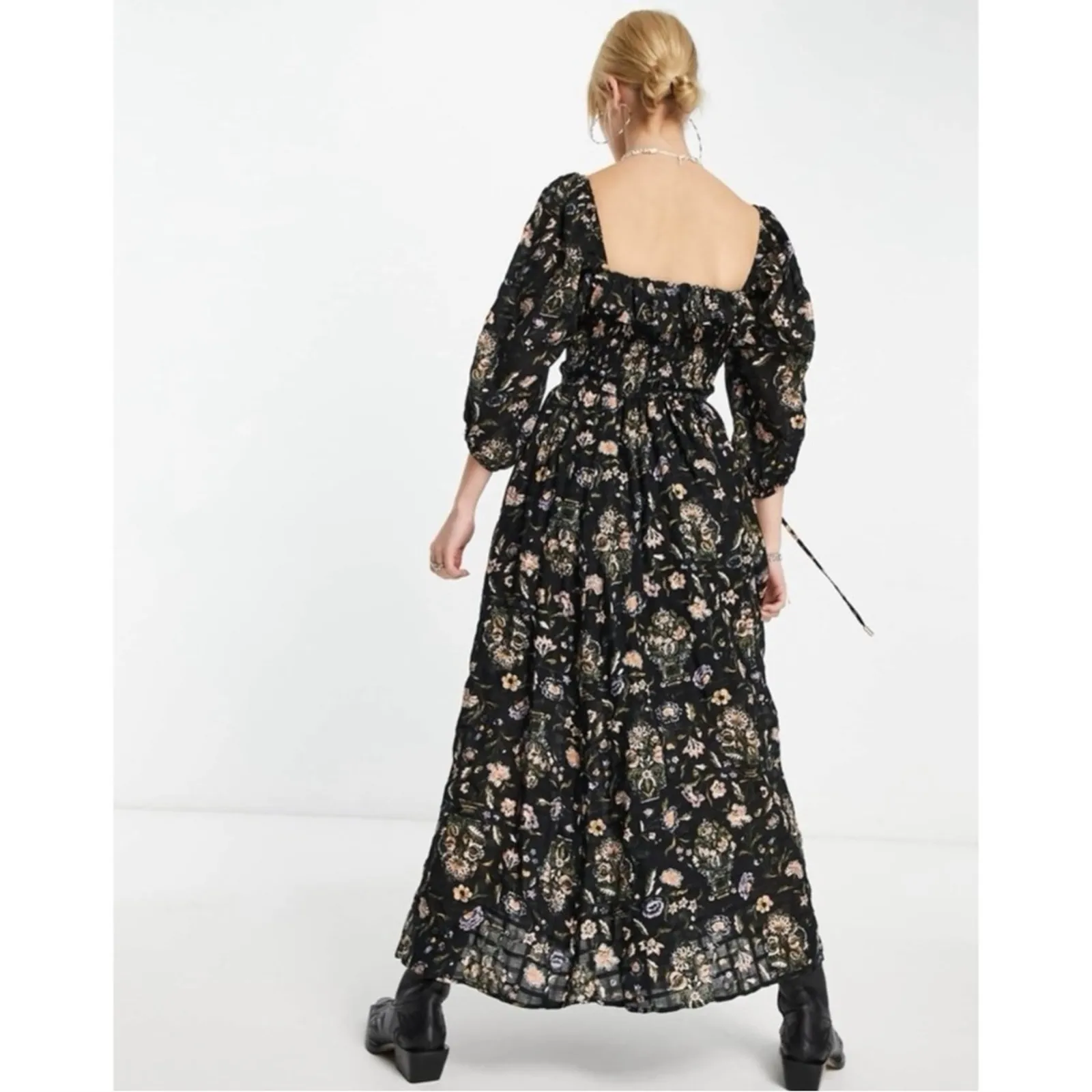 Free People Witchy Oasis Printed Midi Dress Black Floral Small Bohemian Prairie - Image 5