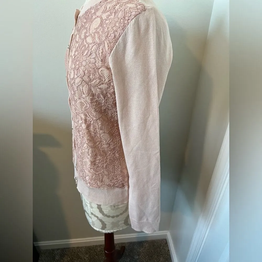 New York & Company Button Up Blush Pink Lace Layered Cardigan Large - Image 2