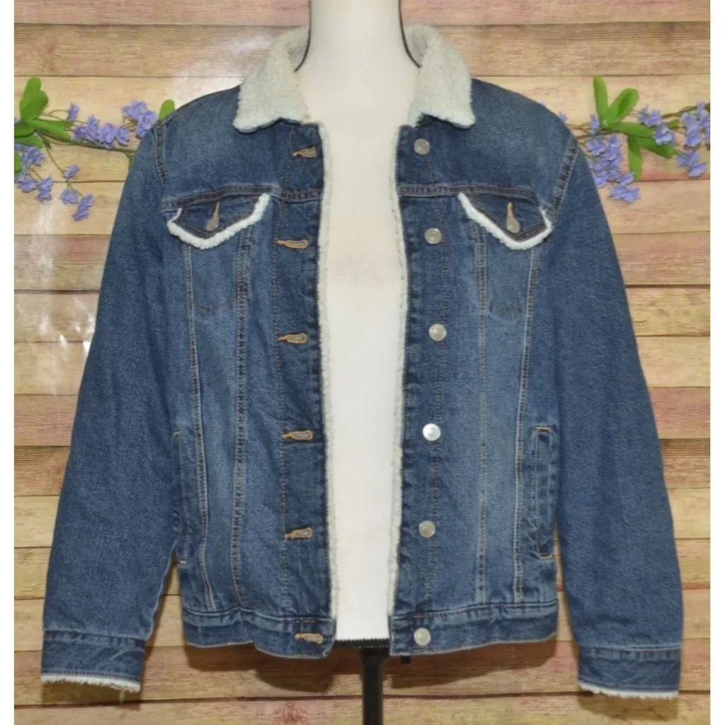 Time And Tru Denim Blue Jean Trucker Jacket Size S 4-6 Sherpa Lined Pockets Warm - Image 4