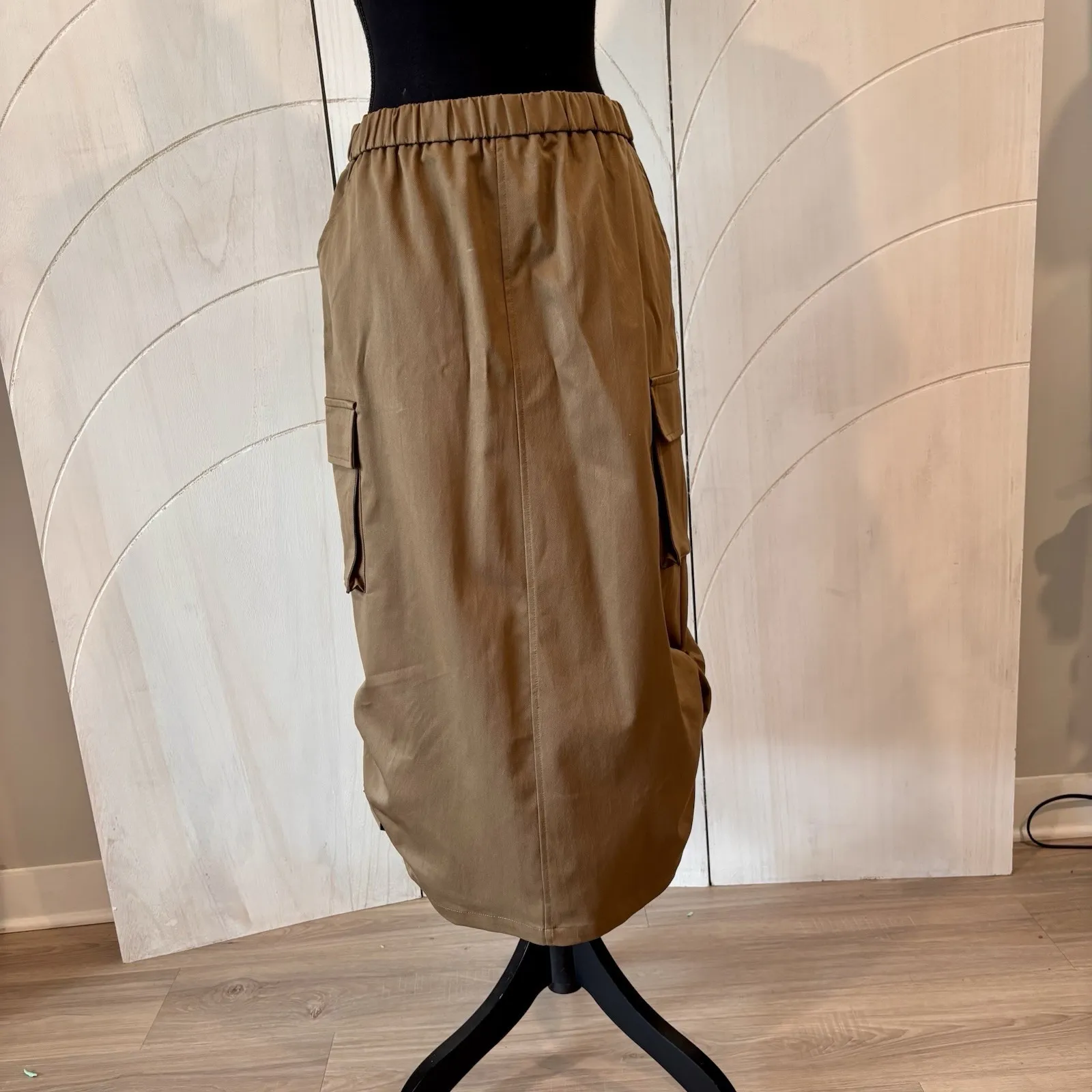 New FARORO Y2K Size Large Brown Cargo Balloon Skirt Elastic Waist Ruched Hem - Image 7