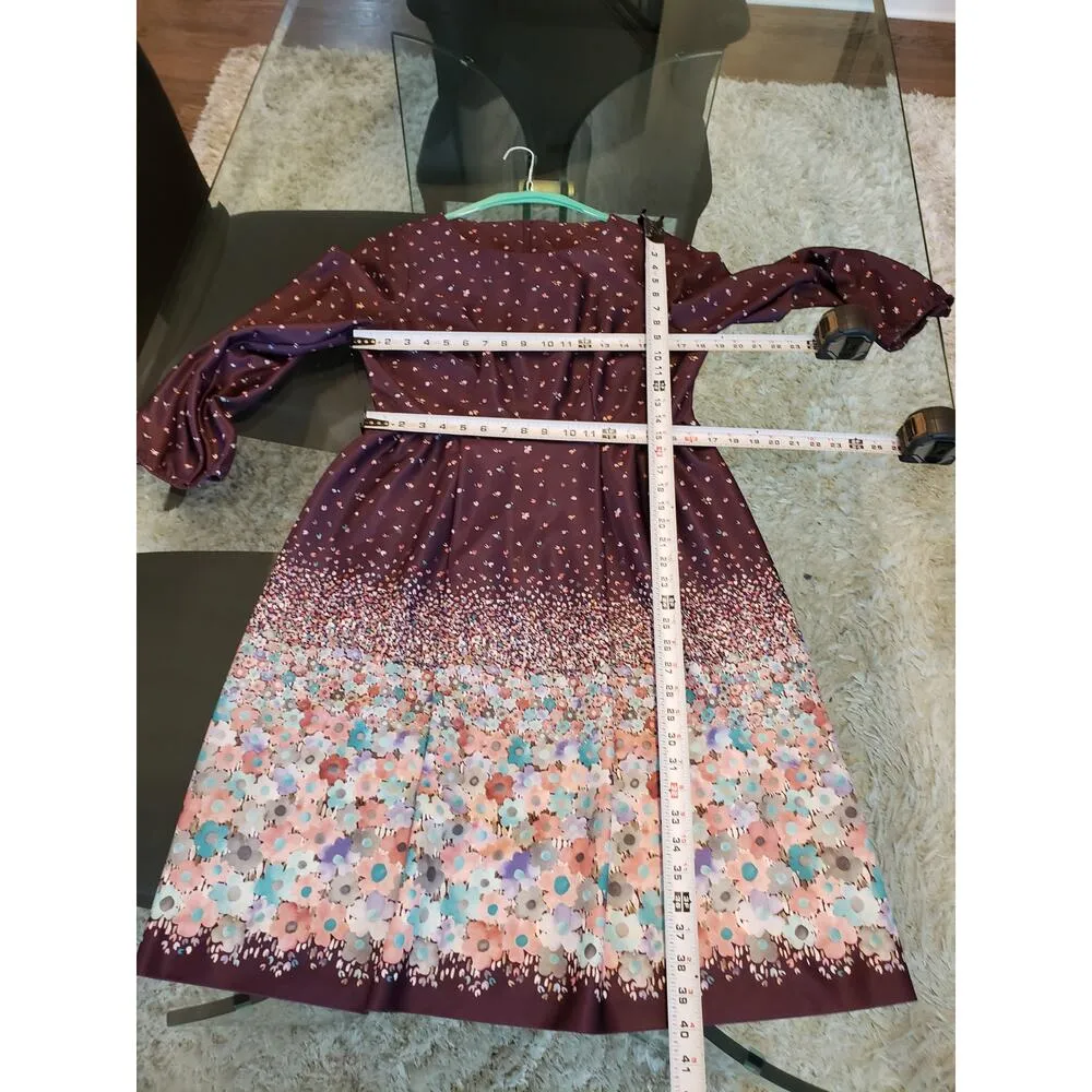 Vintage Purple Floral Midi Dress Boho Long Sleeve M Retro Modest Large - Image 10