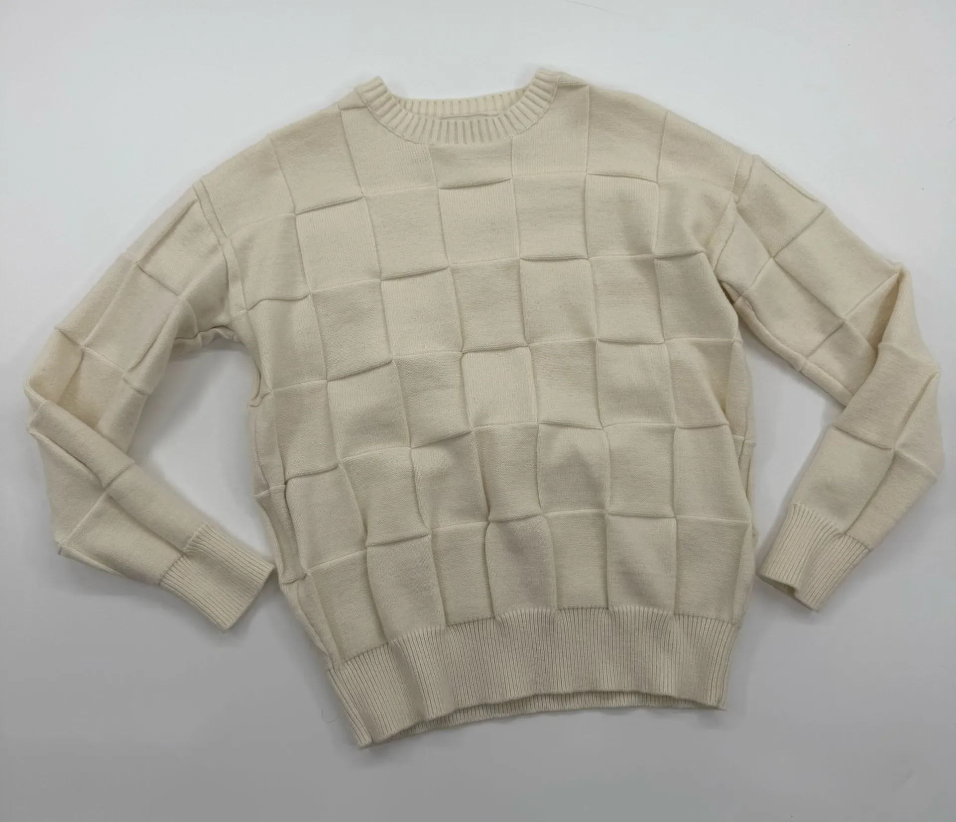 Men Crew Neck Sweater Knit Pullover Long Sleeve Winter Top Woven Checkered Knitted White Size XL - Image 1